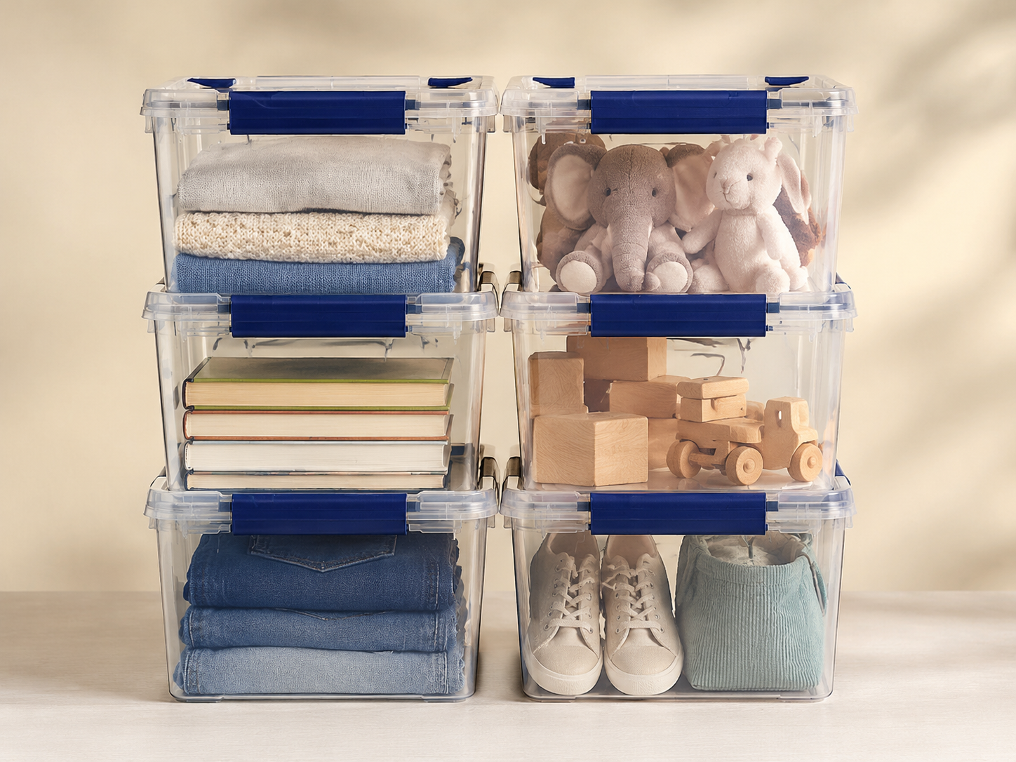 Stackable Clear Bin System — See-through bins that stack uniformly in a garage or closet.