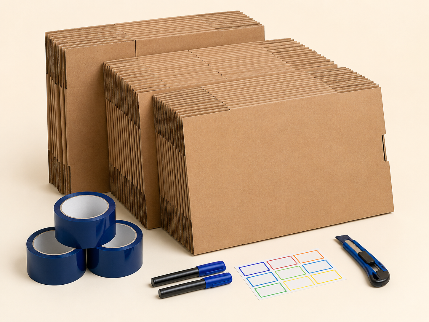 The Studio Move Kit — One-home packing set with uniform boxes that stack clean.